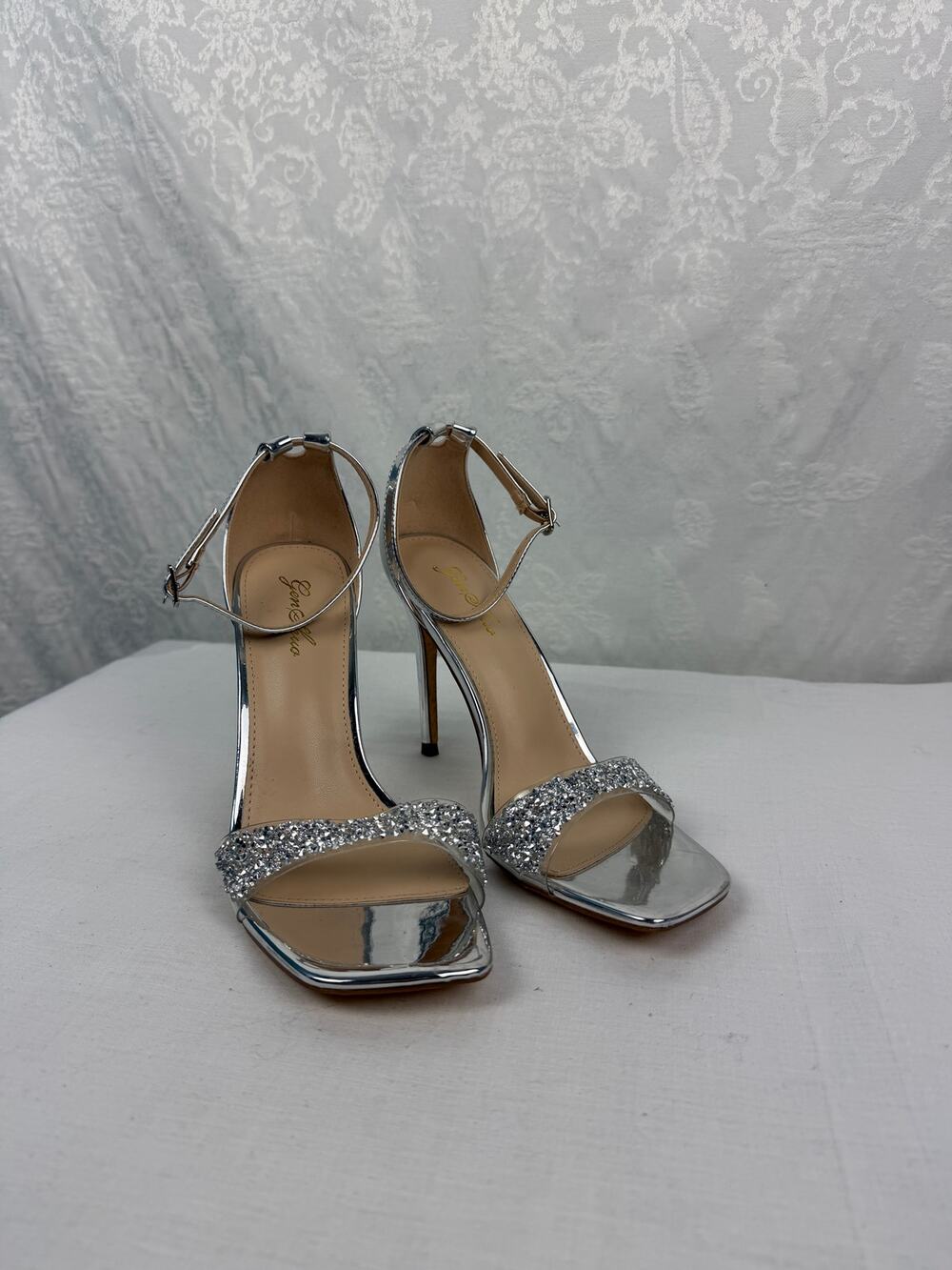 Genshou Silver Rhinestone Ankle Strap Stiletto Heels Size 8.5